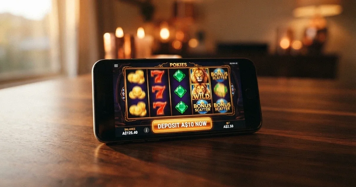 A smartphone displaying colourful online pokies reels with an A$10 deposit button and an Australian bank card visible on screen