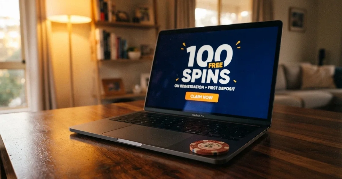 A laptop screen showing a casino sign-up page with a “100 Free Spins No Deposit” badge and a small-print terms link beside it