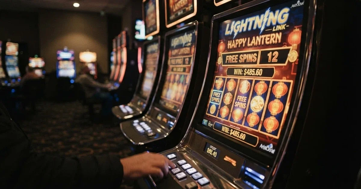 A row of illuminated pokie machines with spinning reels showing free spin symbols on screen