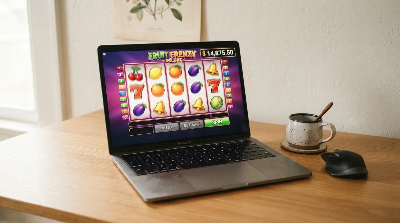 A 1spin4win slot running in demo mode on a laptop screen, showing a play-money balance and spin button