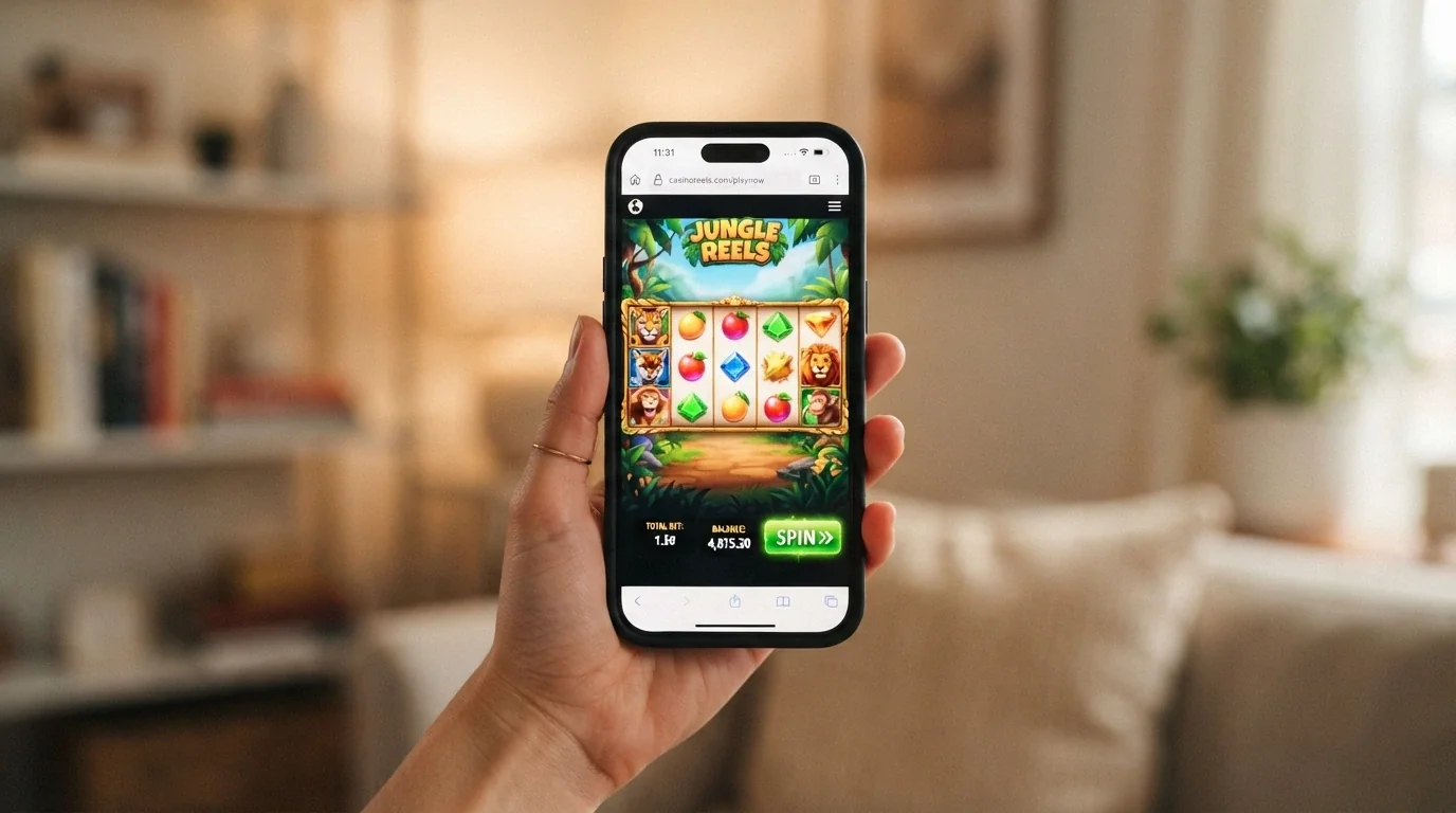 A 1spin4win slot running on a smartphone held in one hand, with the browser address bar visible