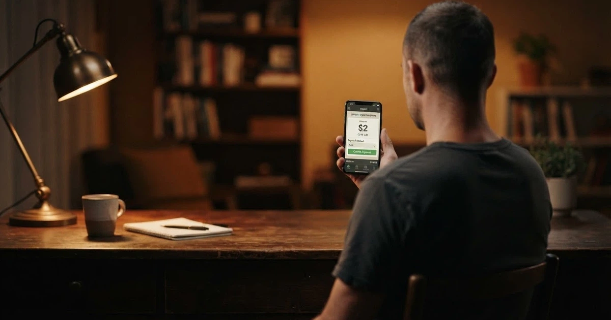 An Australian player holding a smartphone showing an online casino deposit screen with a $2 amount visible