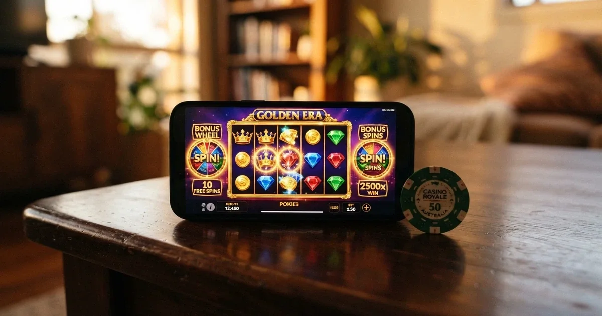 A smartphone showing an online pokies game with an Australian $20 note beside it on a table