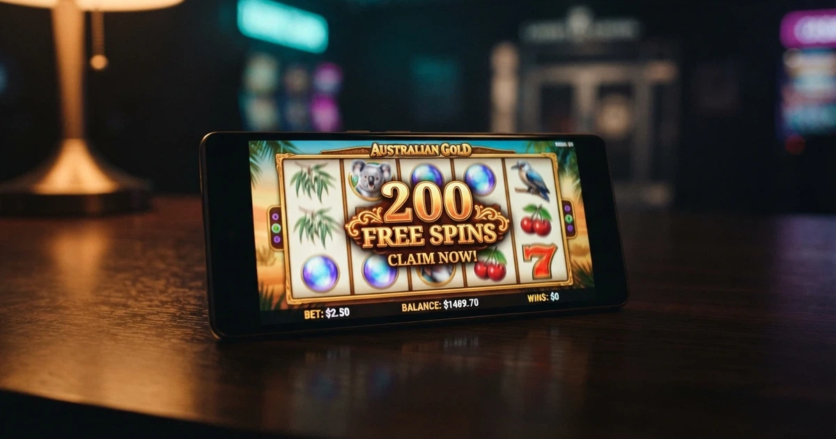 A smartphone screen showing a colourful online pokie reel spinning, with the words “200 Free Spins” overlaid on a casino promotional banner, set against a dark background with subtle gaming-themed lighting