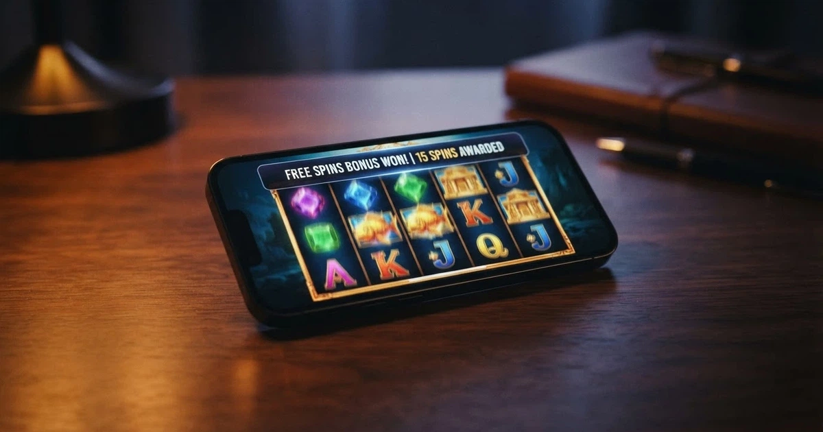 A smartphone screen showing a casino pokie game with a free spins notification overlay and the reels mid-spin