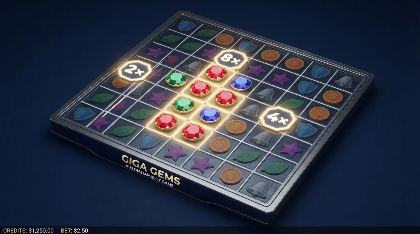 A close-up diagram of a 7×7 slot grid showing a cluster of five matching symbols touching horizontally and vertically, with multiplier spots glowing on marked cells