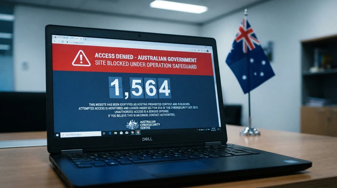 A browser window displaying the ACMA blocking notice with a counter showing over 1,500 sites blocked, overlaid on a muted Australian flag