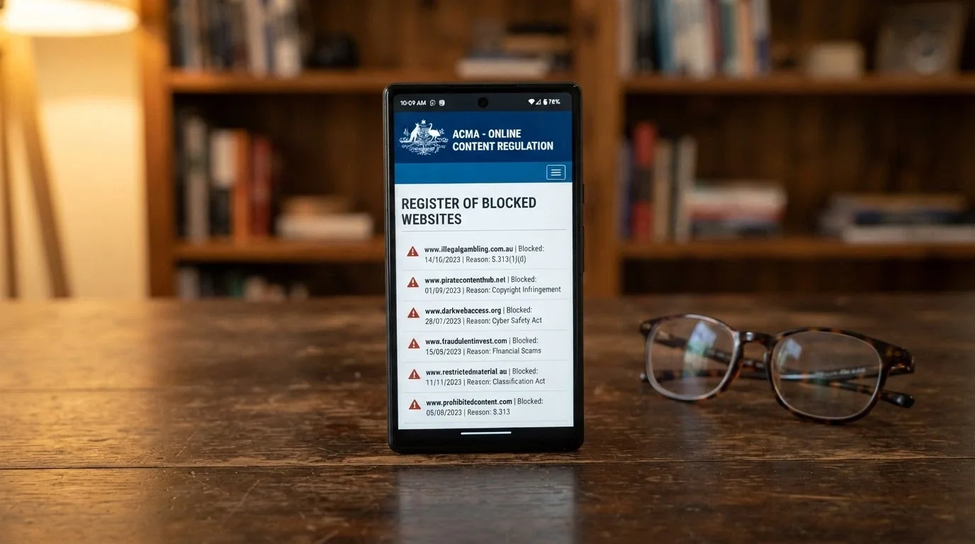 Android phone displaying the ACMA website with a list of blocked illegal gambling sites and the ACMA logo visible