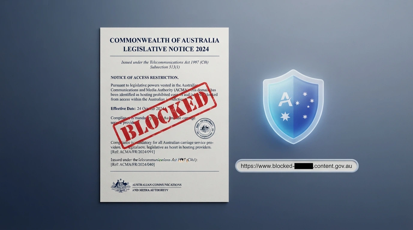 A government document header showing the Interactive Gambling Act 2001 alongside an ACMA blocking notice with a website URL redacted