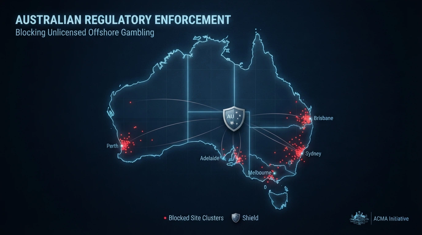 A stylised map of Australia with blocked-site markers and an ACMA enforcement graphic