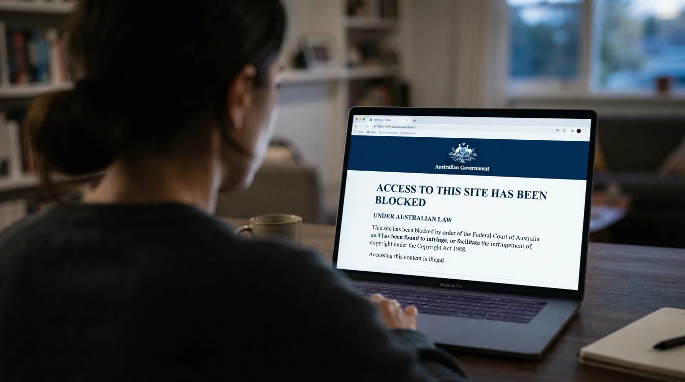 A browser screen showing an ACMA site-block notice — a formal government-styled page stating the site has been blocked under Australian law, with the ACMA crest visible