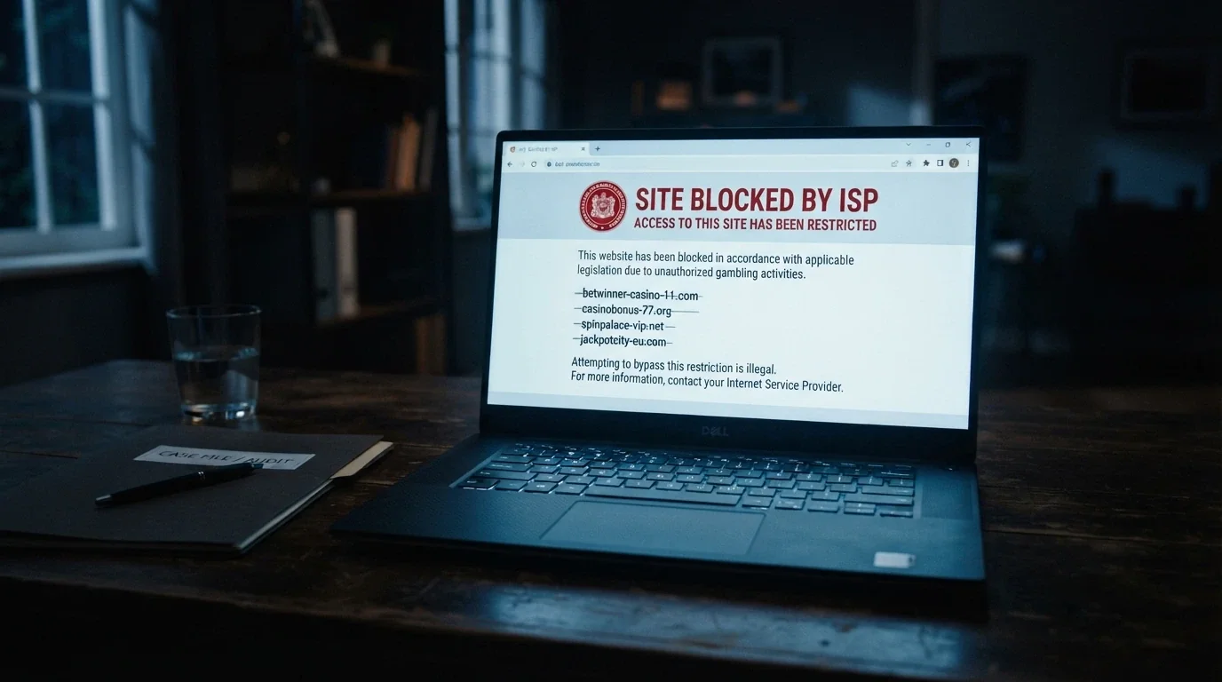 A laptop screen displaying an ACMA site-blocking notice with a list of blocked gambling domain names