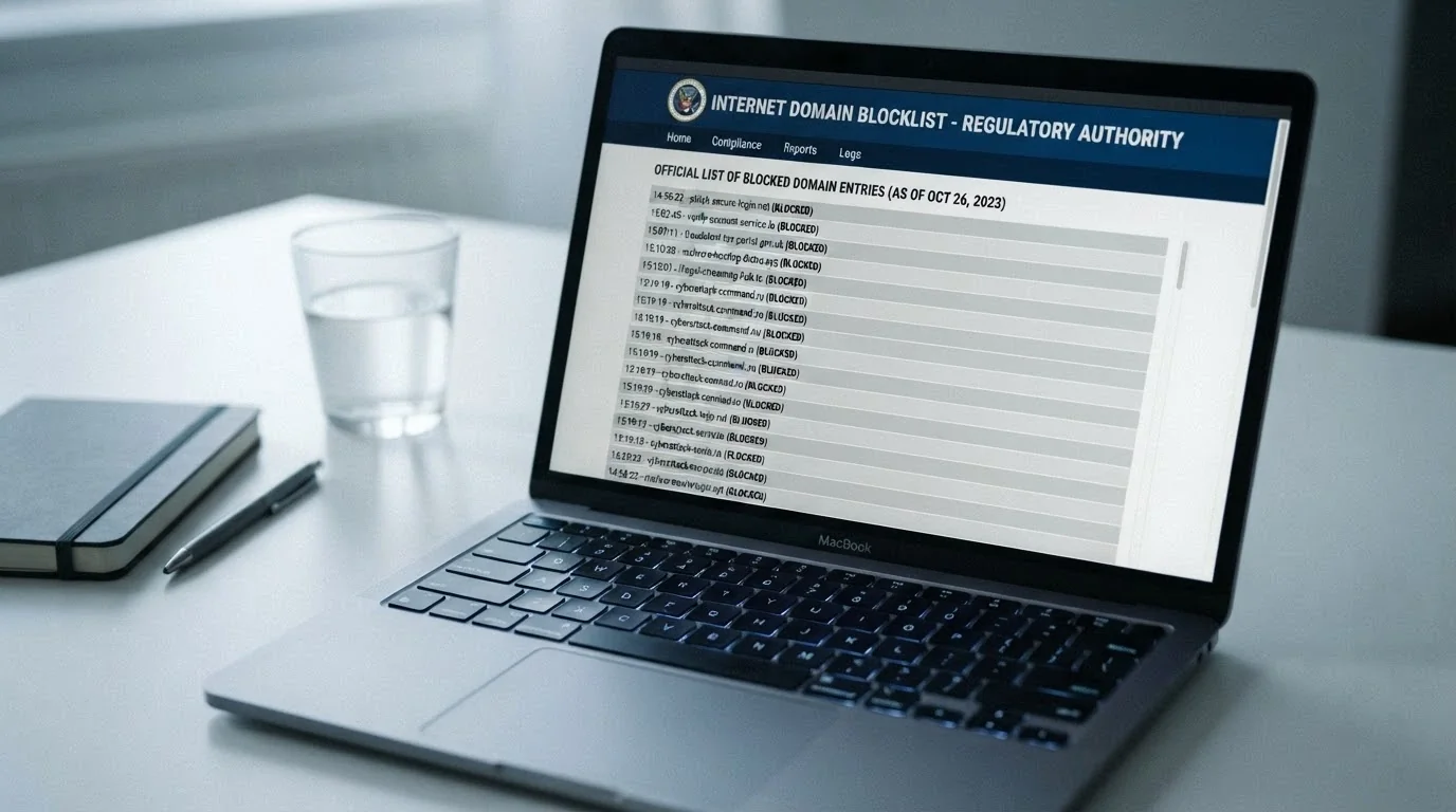 The ACMA website page listing blocked illegal gambling domains, with the site-blocking notice and the 1,564-sites figure visible