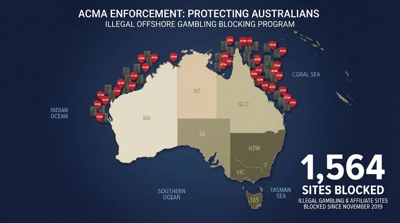 Map of Australia with offshore-casino server icons blocked by ACMA shield markers, a counter showing 1,564 sites blocked