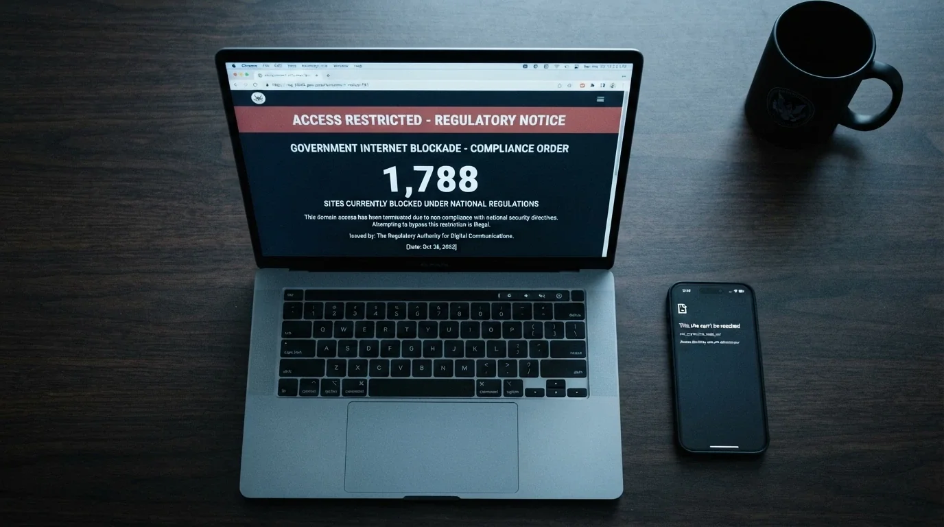 The ACMA website's blocked-sites notice page, with the 1,788 figure visible and an Australian IP-address block warning overlaid