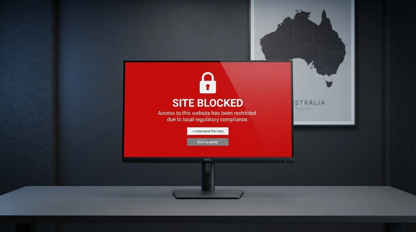 An ACMA website warning notice beside an ISP block screen, with an Australian map silhouette in the background