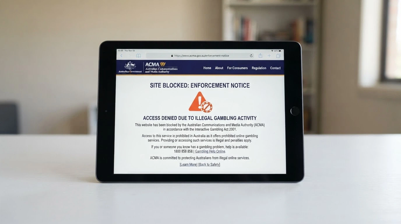An iPad browser displaying the ACMA website with a blocked-gambling-site notice and the Interactive Gambling Act 2001 reference visible on screen