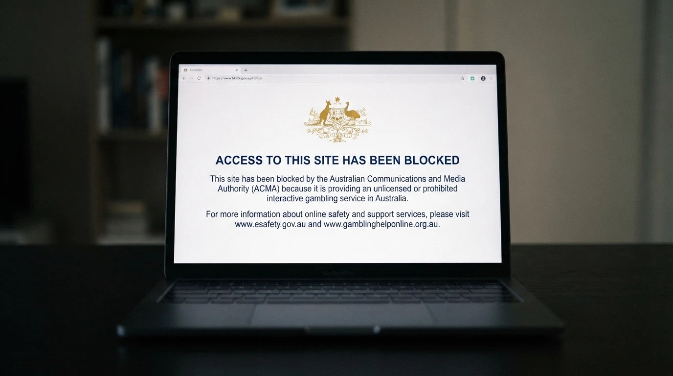 A web browser displaying the ACMA blocking notice that appears when an Australian user tries to access a blocked illegal gambling site — the official Australian Government crest is visible