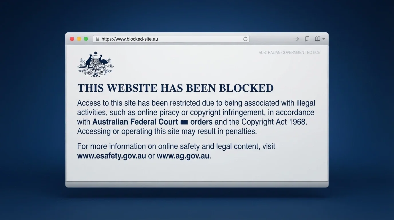 A browser window showing the ACMA blocking notice displayed in place of a casino website URL, with the ACMA logo visible
