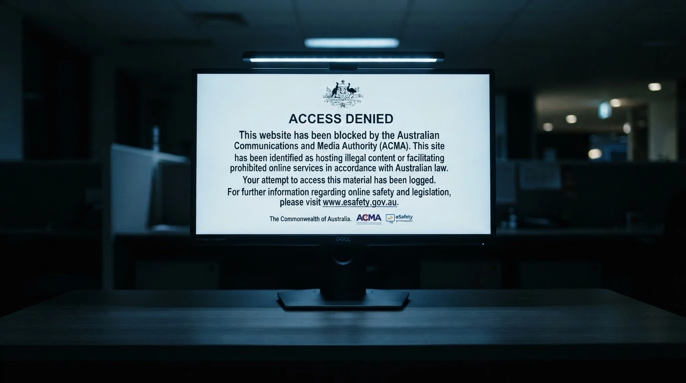 A browser window displaying the ACMA site-blocked notice that Australian ISPs serve for illegal gambling domains