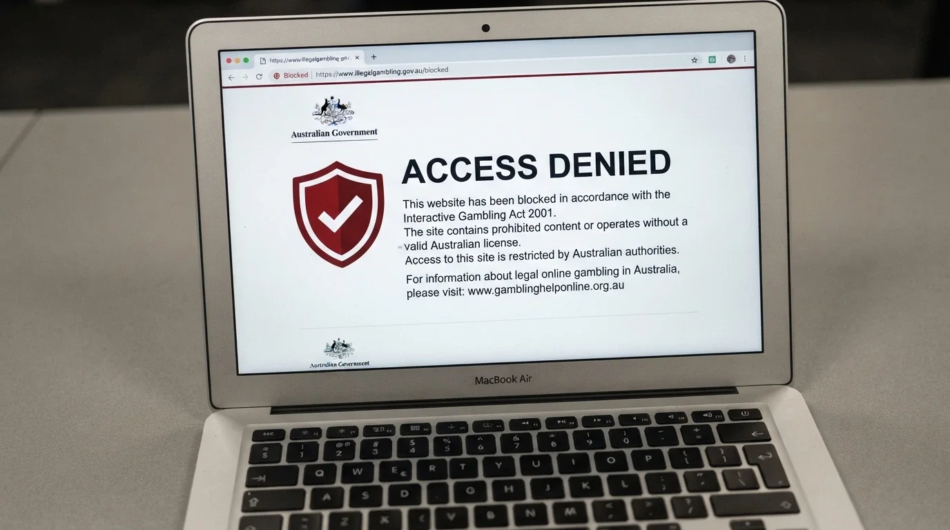 A stylised browser window displaying an ACMA blocking notice — the screen a player sees when an ISP blocks an illegal gambling site