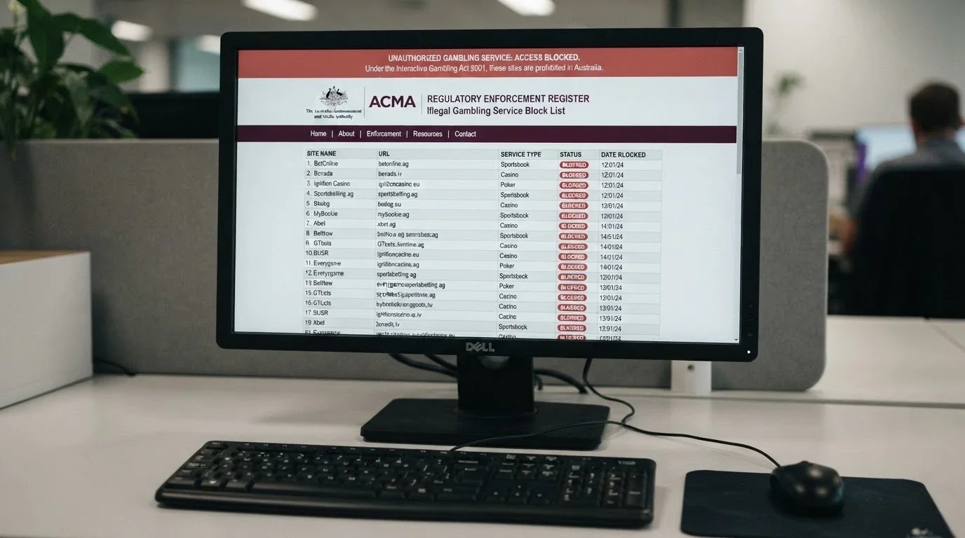 The ACMA website page listing blocked illegal offshore gambling websites, with the official Commonwealth coat of arms and an ISP blocking-notice banner visible.