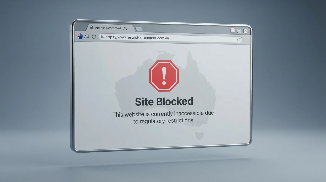 A stylised browser window showing an ACMA blocking notice page with the ACMA logo and a message that the site is inaccessible