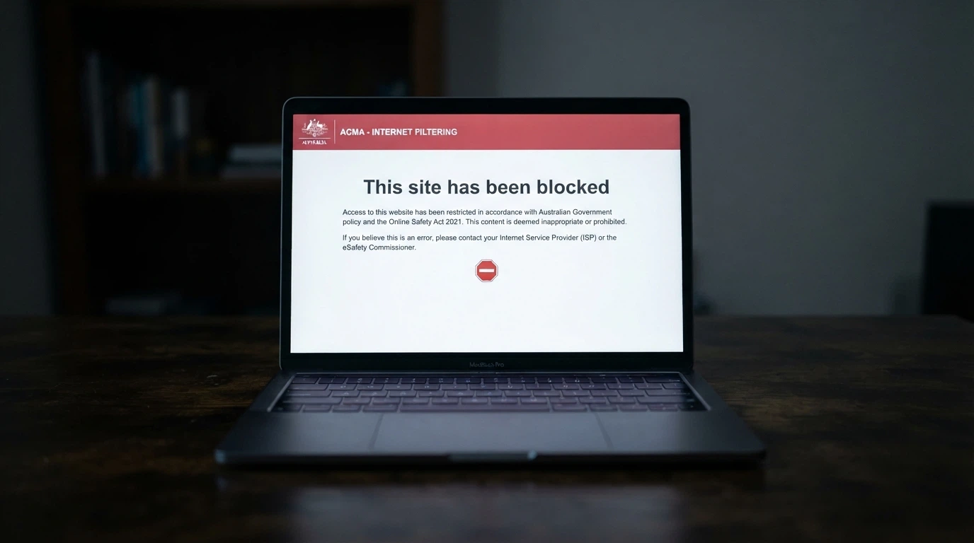 A browser window displaying an ACMA website-blocking notice on an offshore gambling site, with the ACMA logo visible