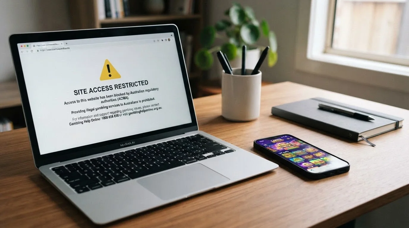 A laptop screen displaying an ACMA website-blocking notice alongside a smartphone showing a casino still accessible