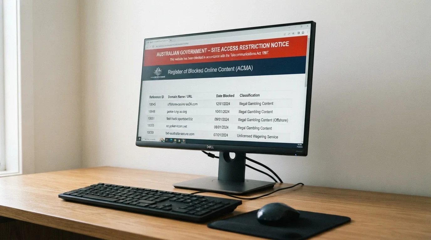 A government-style document or screen labelled “ACMA Register” with a blocked-site notice visible, set against a desktop background