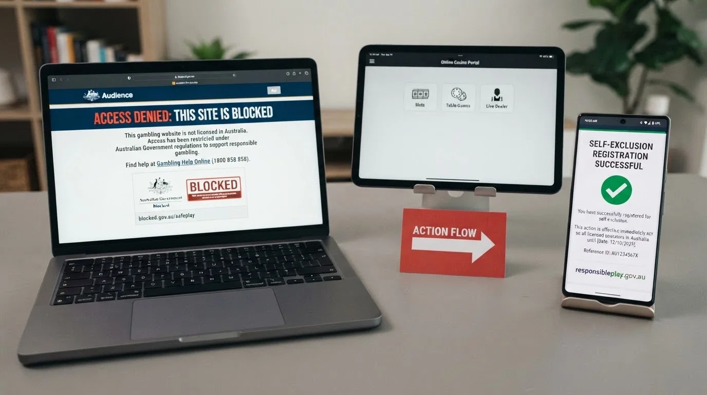 A web browser showing an ACMA-blocked-site notice (site unavailable, NXDOMAIN-style landing page) beside a smartphone displaying the BetStop registration confirmation screen, with a red “does not apply” arrow pointing to an offshore casino logo