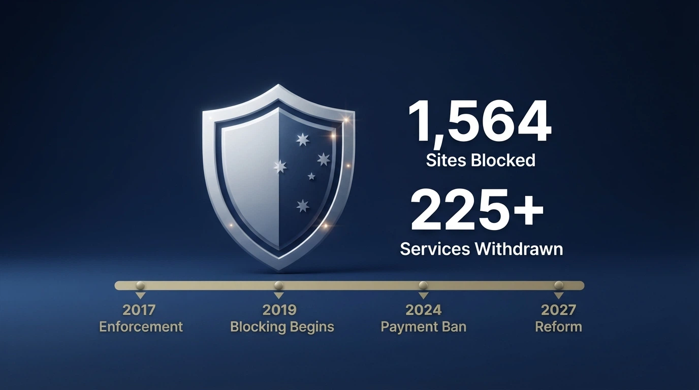 ACMA logo and enforcement data graphic showing 1,564 websites blocked and 225-plus services withdrawn from the Australian market