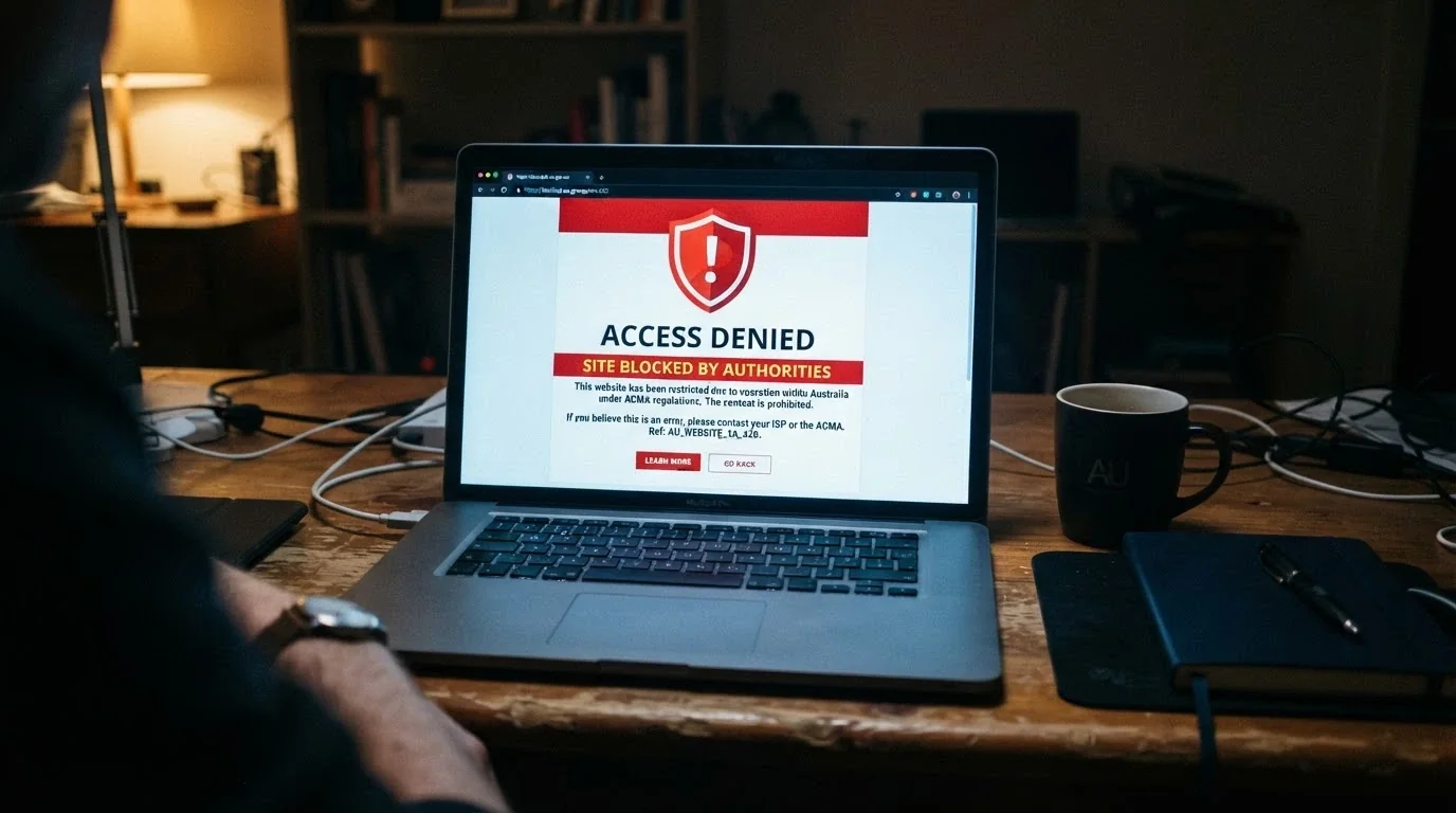 A browser window displaying an ACMA site-blocked warning page, with the ACMA logo visible