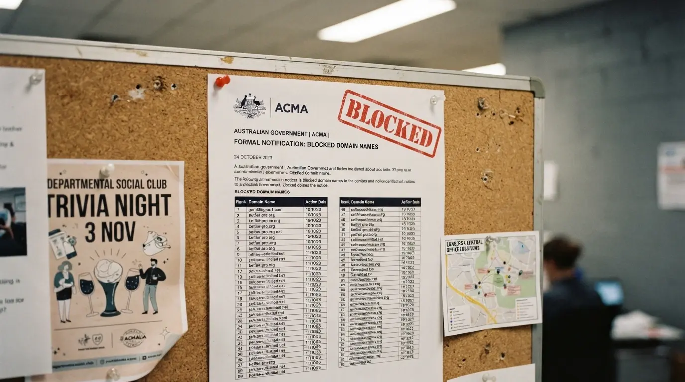 A stylised representation of an ACMA site-blocking notice with the regulator's logo and a blocked-domain list