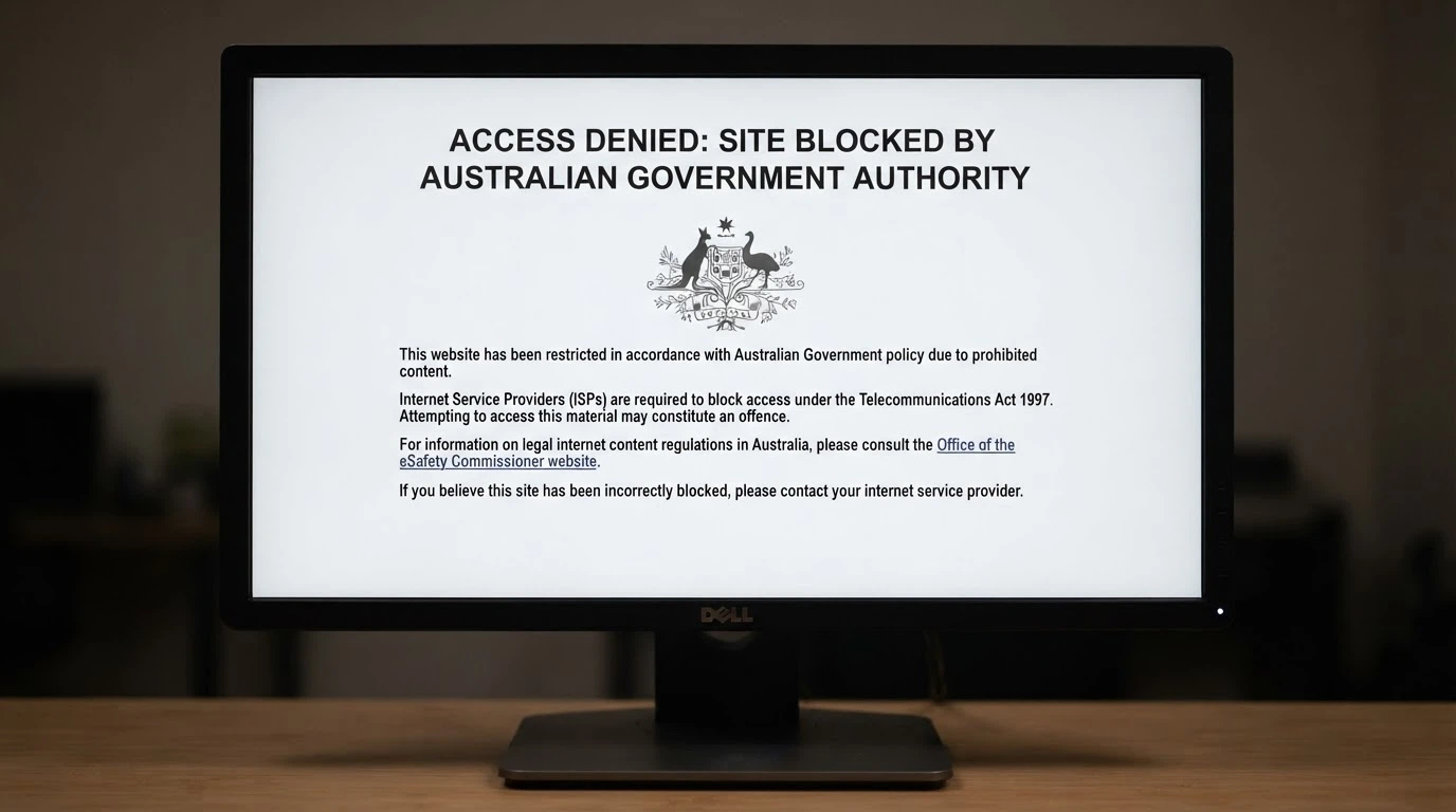 A browser window displaying the ACMA site-blocking notice that an Australian ISP serves when a gambling site is blocked, the official government crest visible