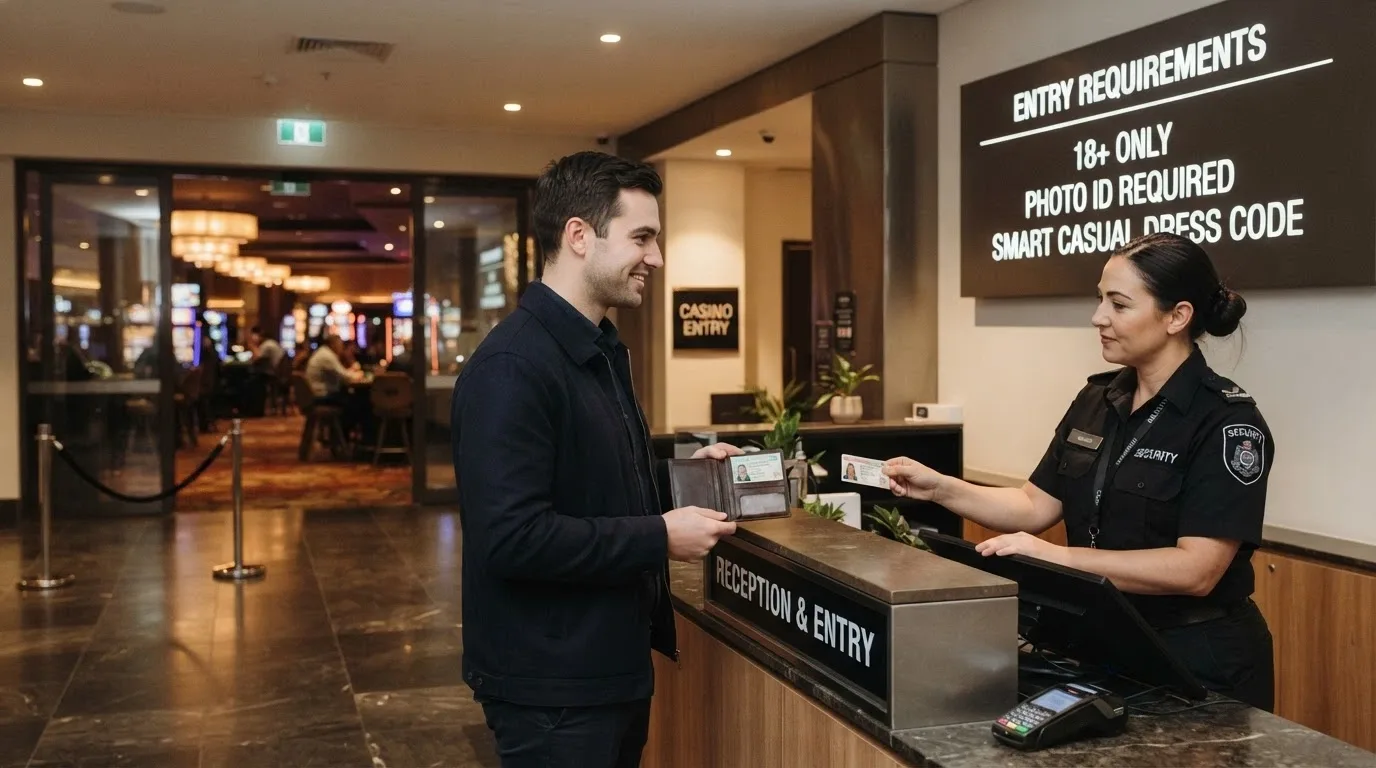 Entrance signage or regulatory information at Casino Canberra showing entry requirements