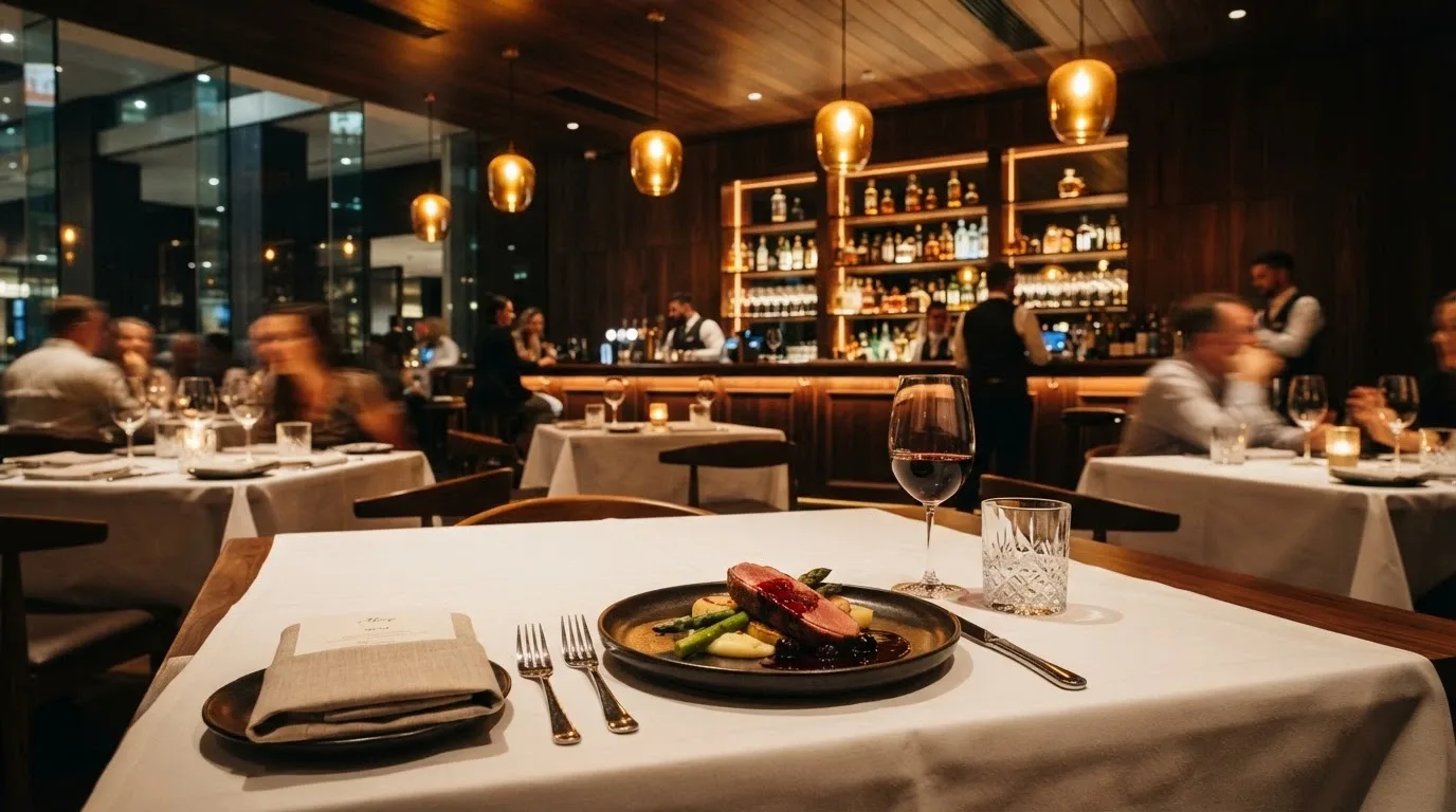 An interior view of one of the casino's signature restaurants with plated food, ambient lighting and bar area visible