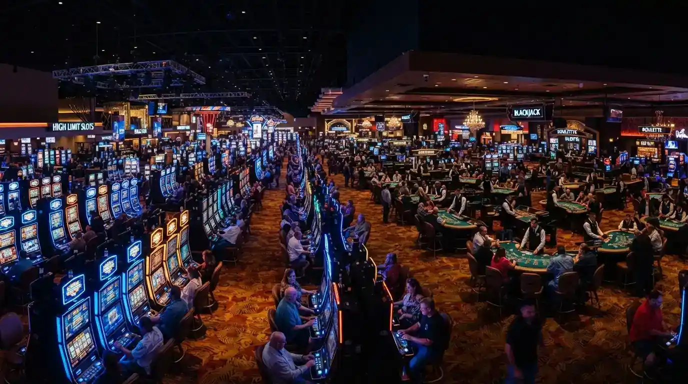 A wide view across the casino's main gaming floor showing rows of pokies machines and table-game stations under ambient lighting