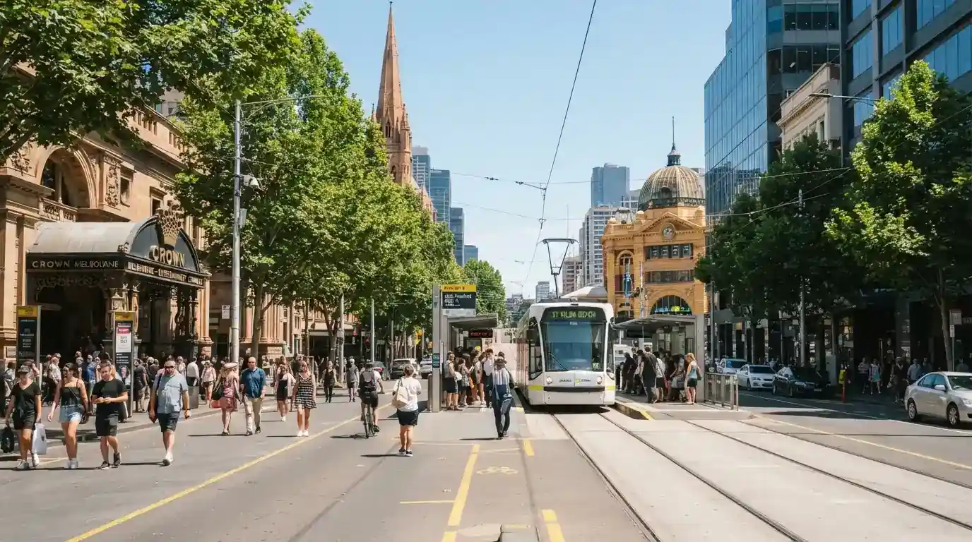A street-level view of North Terrace showing the casino's position relative to the Adelaide Railway Station tram stop and surrounding city landmarks
