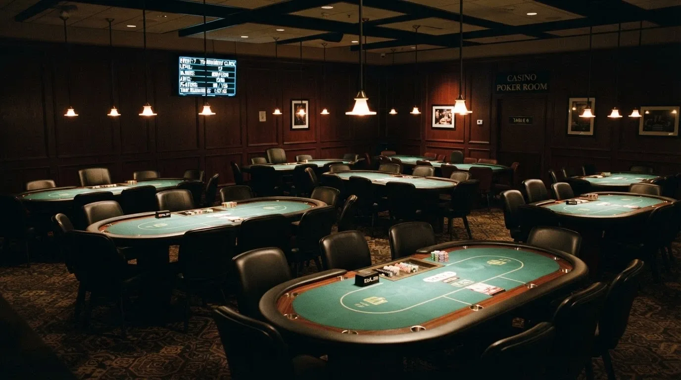 A dedicated poker room interior with felt-top tables, dealer positions and tournament-clock displays on the wall