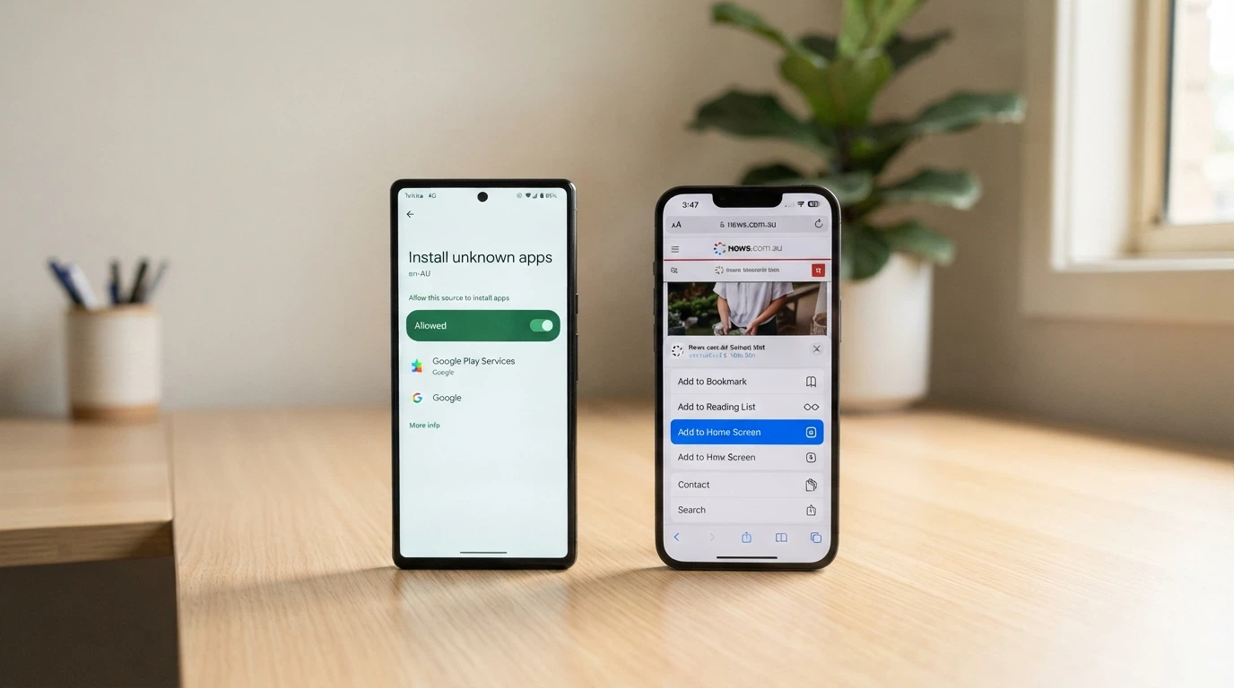 Two phones side by side — an Android showing an APK install screen and an iPhone showing Safari's “Add to Home Screen” prompt