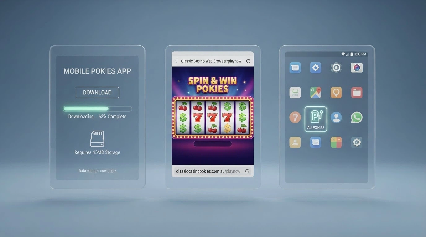 A side-by-side diagram showing three Android access methods: an APK install screen, a Chrome browser with a pokies game loaded, and a home-screen PWA shortcut icon