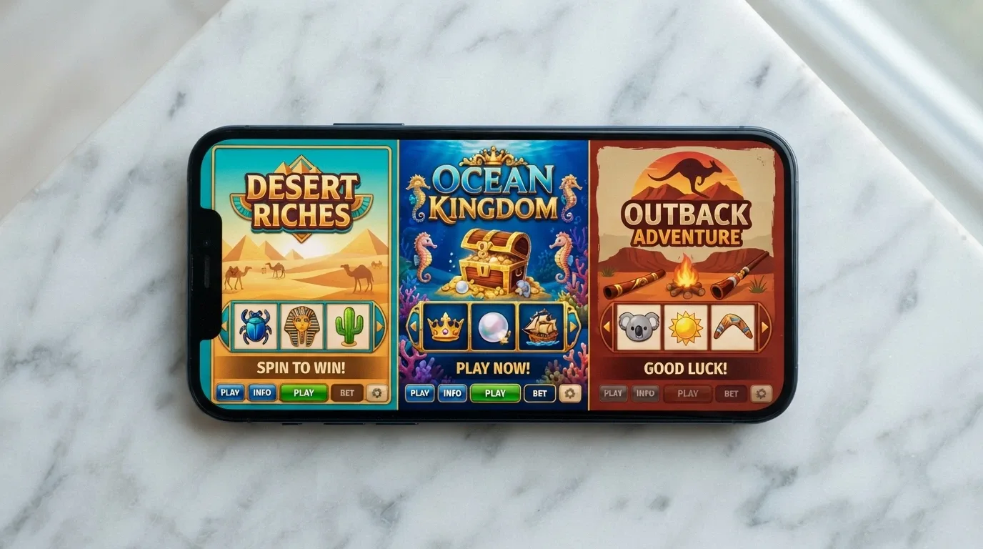 A mobile phone screen displaying the title screen of Indian Dreaming, Queen of the Nile, and Big Red in a tiled layout