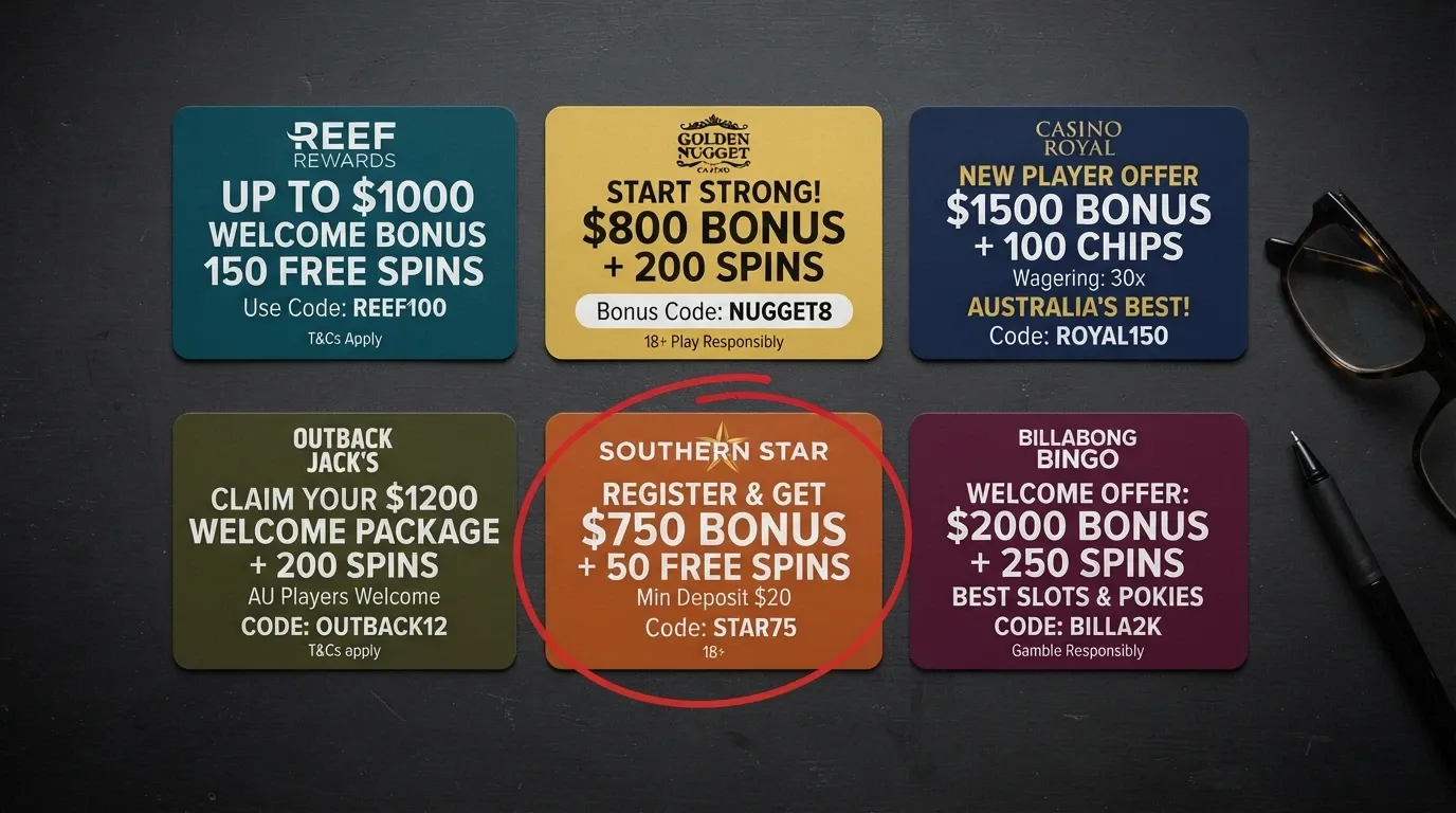 A comparison-grid layout of casino welcome-offer cards with bonus amounts, wagering multipliers and cashout caps highlighted in AU dollars