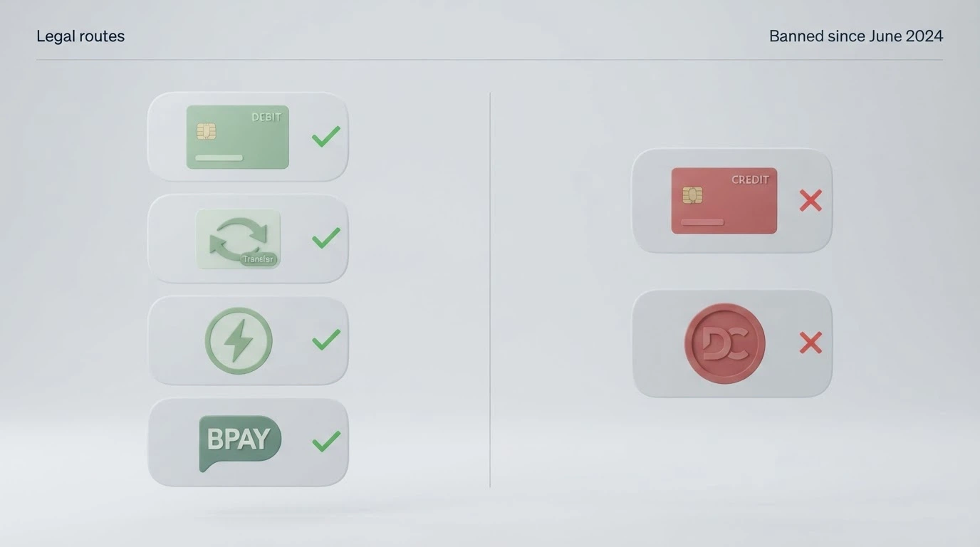 A visual split: green-tinted payment icons (debit card, PayID, BPAY, bank transfer) on one side labelled as legal routes, red-tinted icons (credit card, crypto) on the other labelled as banned