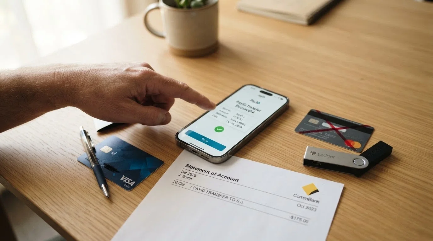 A debit card, a smartphone showing a PayID transfer confirmation and a bank statement arranged on a desk, with a red cross over a credit card and a cryptocurrency wallet icon beside them