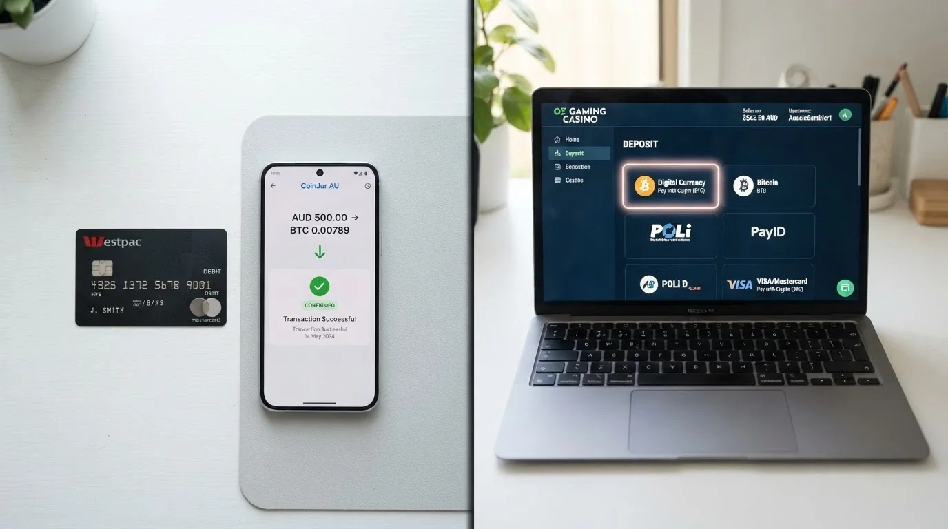 A split composition: on one side an Australian bank card and a smartphone showing a crypto exchange app, on the other a casino lobby with BCH deposit option highlighted