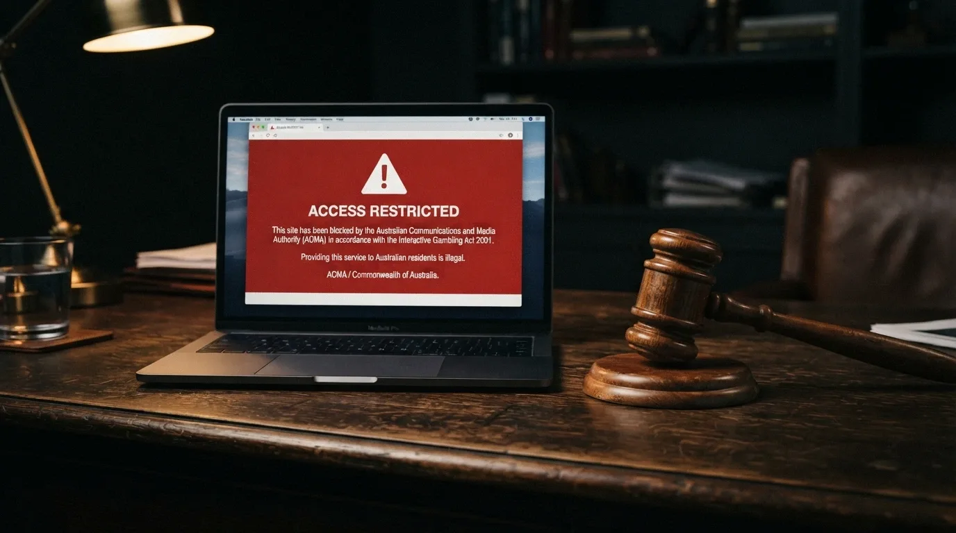 A government document header (Interactive Gambling Act 2001) beside a browser window showing an ACMA blocking notice, with a gavel icon