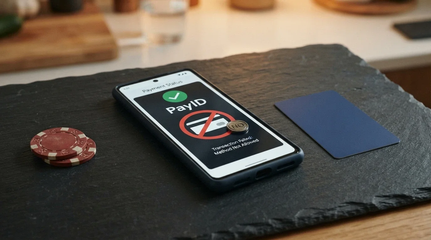 Australian debit card and cryptocurrency logos with a prohibition symbol, PayID logo shown as the legal alternative