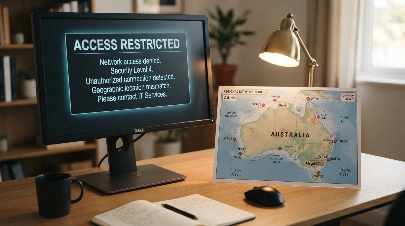A desktop screen showing an ACMA blocking notice beside a map of Australia with offshore-server markers connected by dashed lines